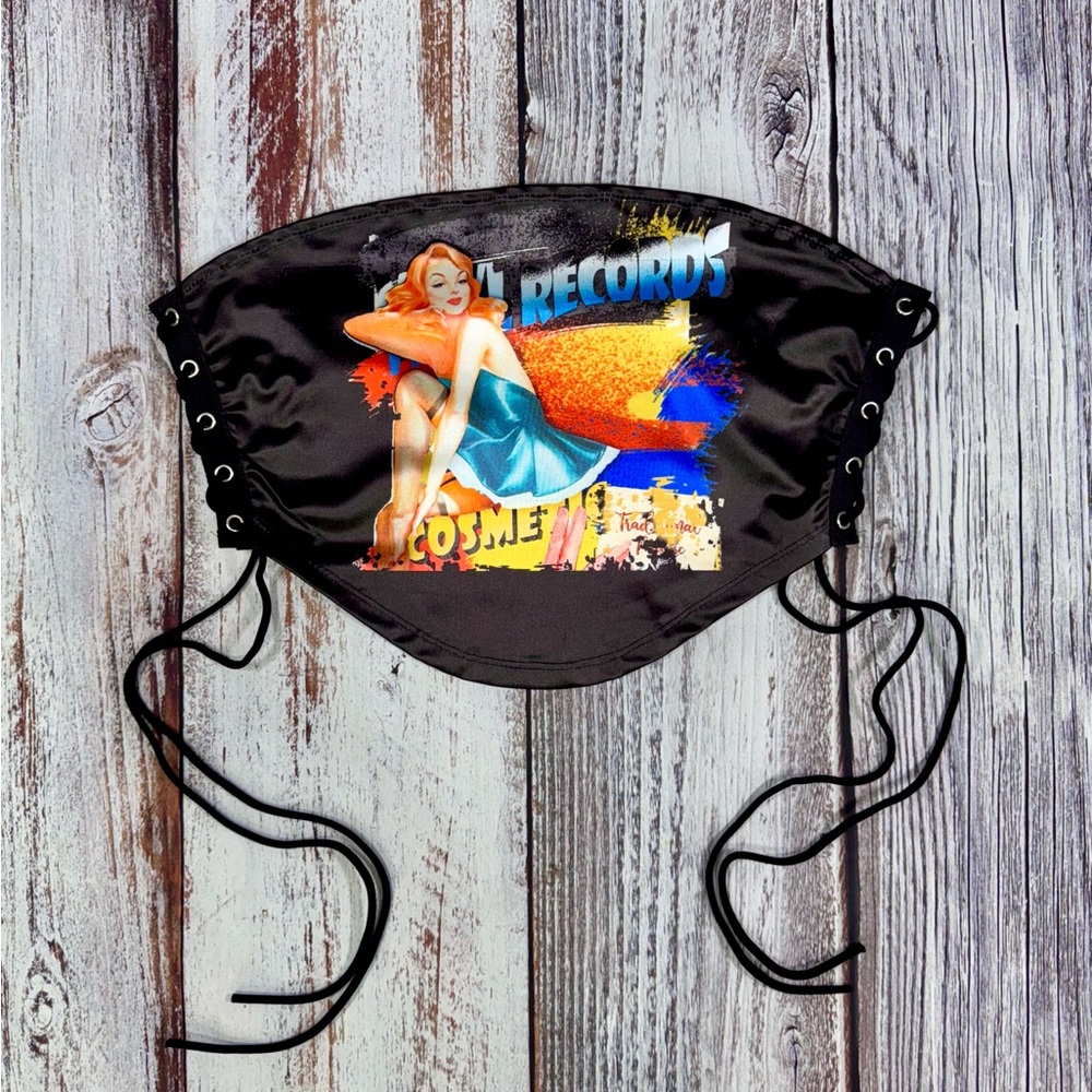 SHEIN Black Retro Graphic Pinup Lace-Up Sides Corset Style Sleeveless Top Size L